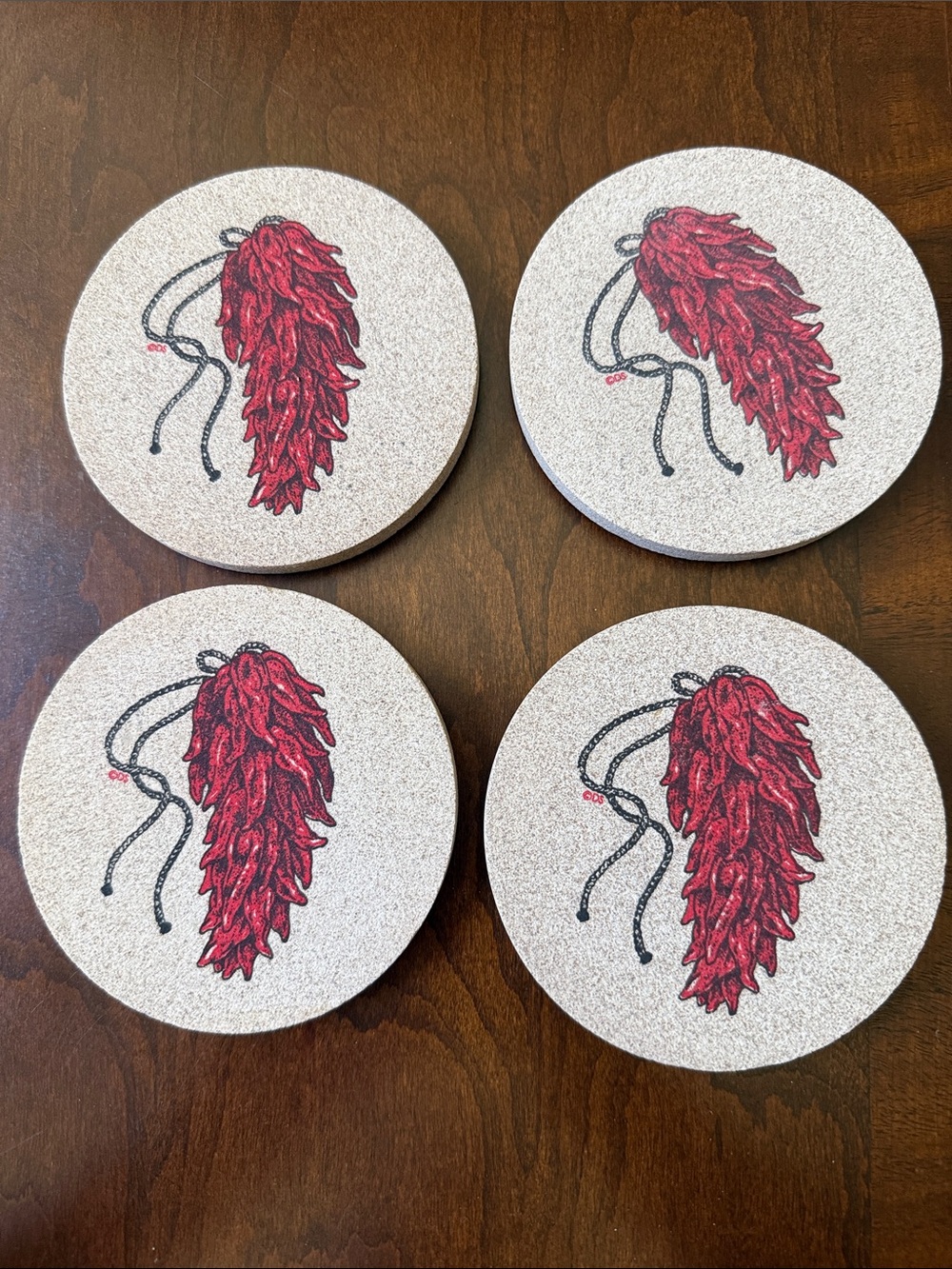 Thirstystone Natural Stone Cork Coasters with Red Chili Graphic set of 4 in box